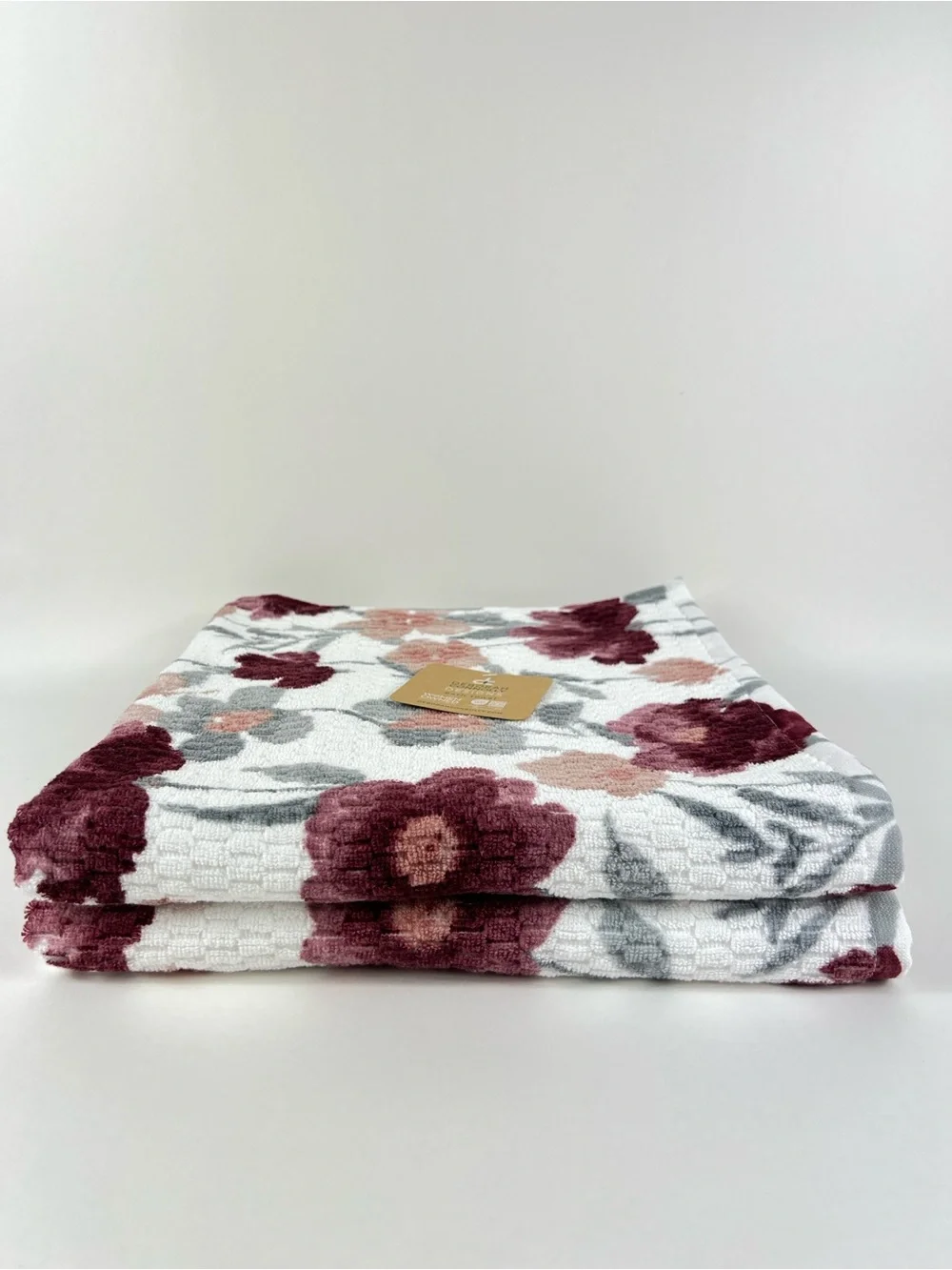 Deborah Connolly Bath Towel Set Burgundy Gray White Floral Extra Soft 2 Pc NEW